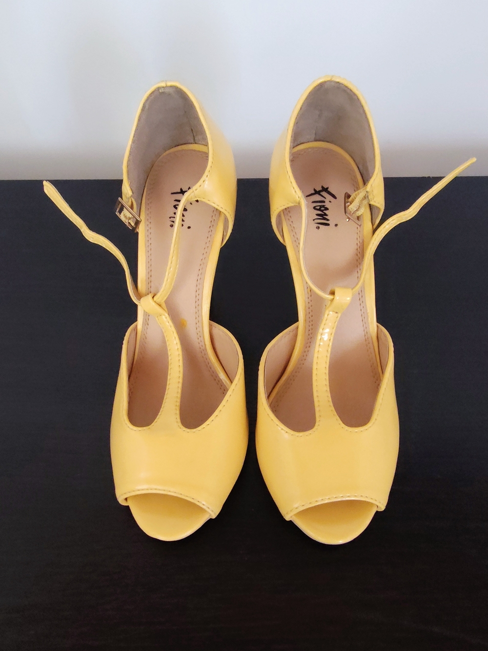 FIONI Clothing Yellow T-Strap Peep-Toe Heels with Ankle Buckle